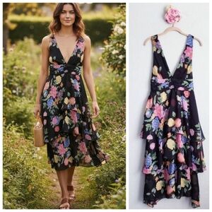 Topshop‎ Black Floral Derp V-Neck Ruffle Tiered Midi Dress